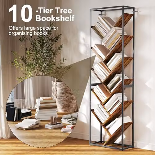 HOMCOM 10 Tier Tree Bookshelf, Industrial Tall Display Bookcase in Brown and Black, H 170 x W 50 x D 24 cm – 3