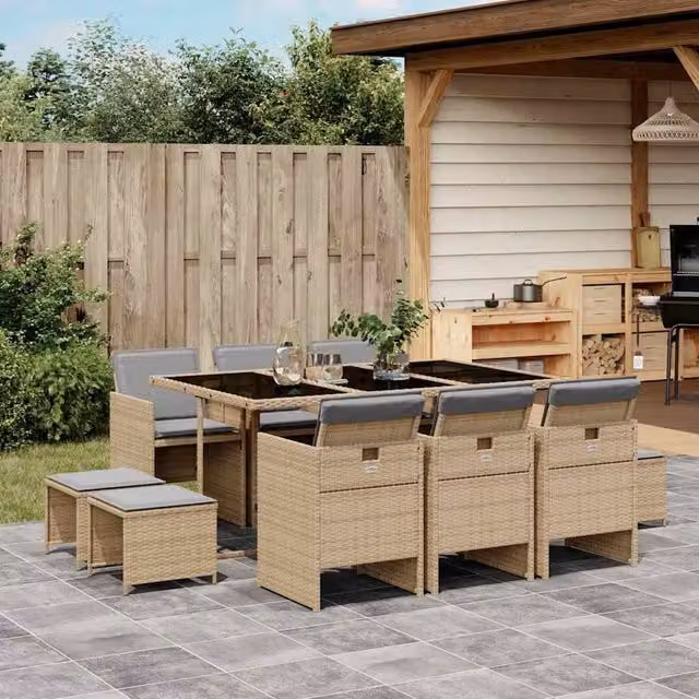Berkfield Home 11 Piece Garden Dining Set with Beige Cushions and Poly Rattan