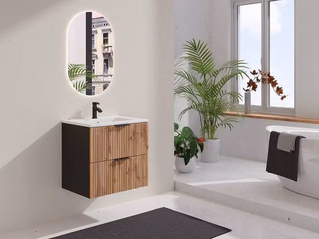 Madela Ribbed Suspended Bathroom Cabinet with Inset Ceramic Basin in Black and White, W/D/H: 60 x 46 x 57 cm – 1