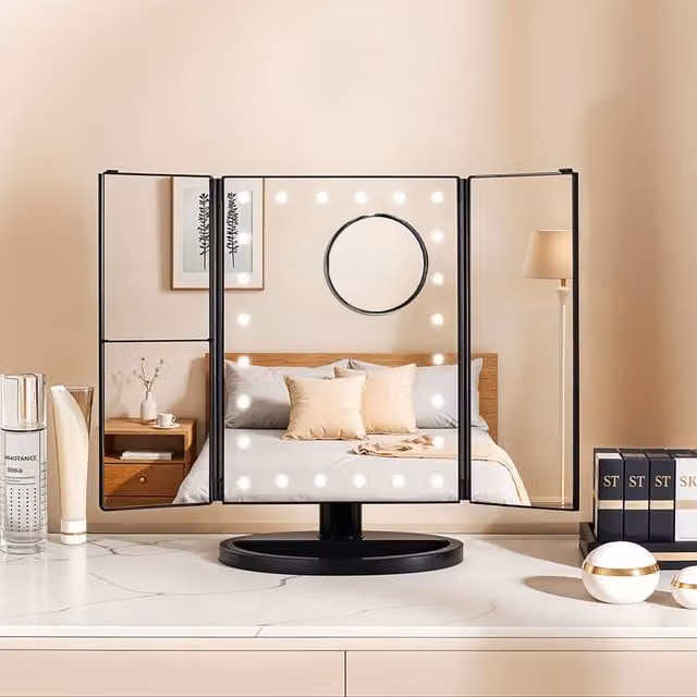 Livingandhome Tri-Fold Makeup Mirror with LED Lights, Black