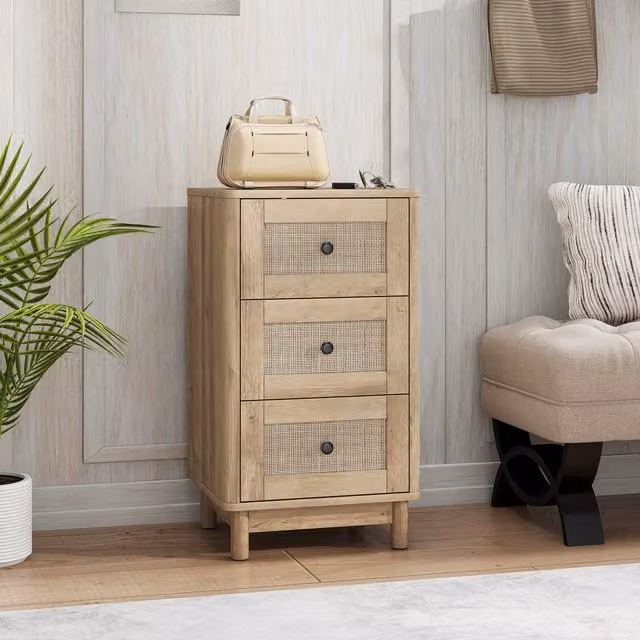 HOMCOM 3 Drawer Oak Chest of Drawers with Rattan Wood Design for Living Room or Bedroom