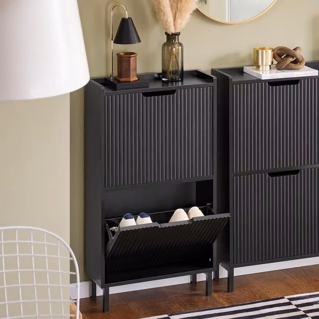 SoBuy Modern Black Matt Narrow Shoe Cabinet with Tilting Compartments and Open Shelving for Hallways