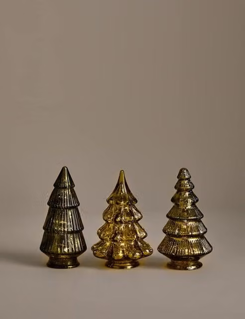 M&S 3 Pack Multicolour and Gold Light Up Mini Tabletop Christmas Tree Decorations