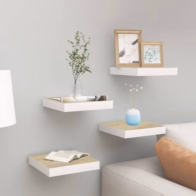 Berkfield Home Floating Wall Shelves, 4 Piece Set in Oak and White, W/D/H: 23 x 23.5 x 4 cm – 1