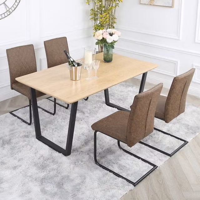 Home Garden Direct Industrial Oak Dining Table and 4 Chairs Set in Brown and Black