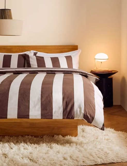 MADE Donni Wide Stripe Pure Cotton Duvet Cover Set, Chocolate Brown, W: 140 cm, H: 200 cm