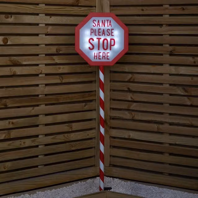 Samuel Alexander Battery Operated LED Santa Stop Here Christmas Sign in Red and White, Height: 110 cm – 1