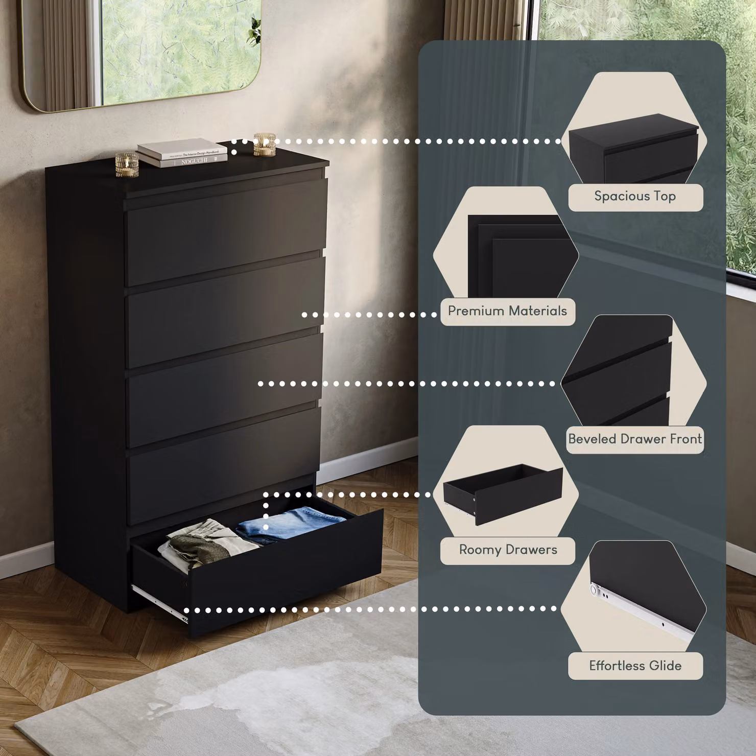 Vida Designs Denver 5 Drawer Chest of Drawers in Black – 3