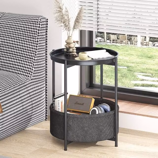 Huhote Round 2-Tier Side Table with Fabric Basket in Black – 1
