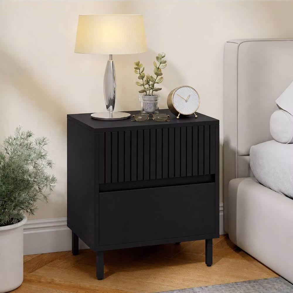 HOMCOM Modern Black Bedside Cabinet with 2 Drawers and Metal Legs – 2