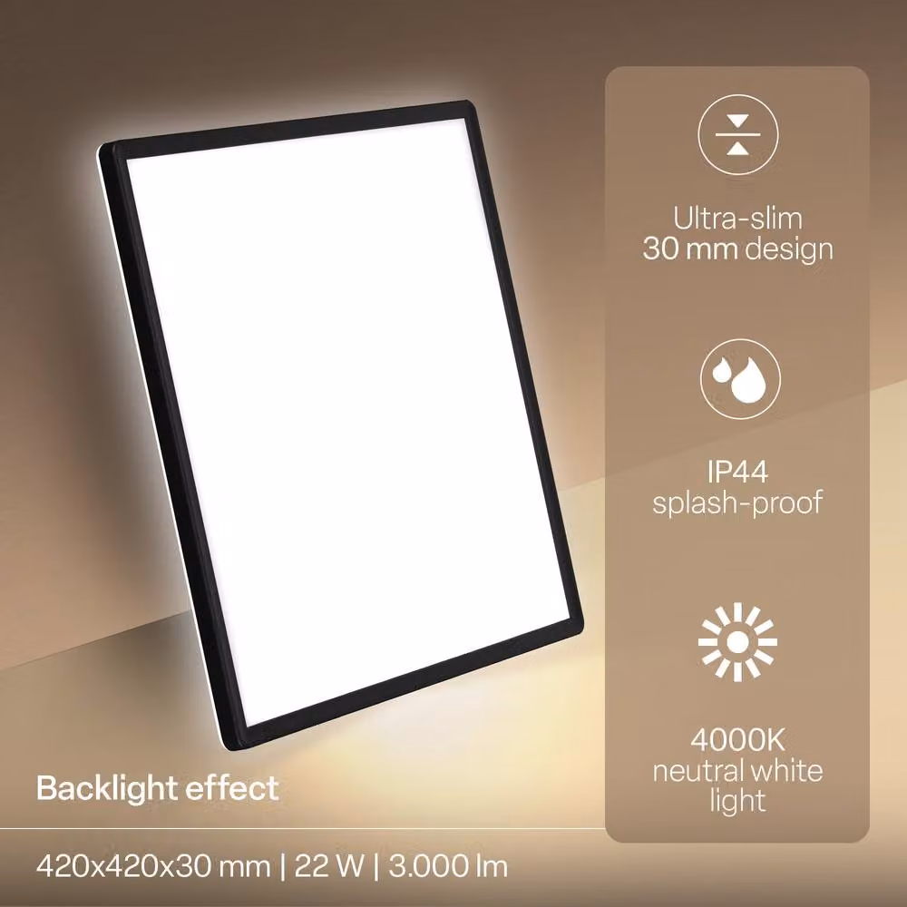 B.K.Licht Black LED Slim Panel Ceiling Light, 22W, 3000lm, 4000K Neutral White, IP44 Splash-Proof, W/D/H: 42 x 42 x 3 cm – 2