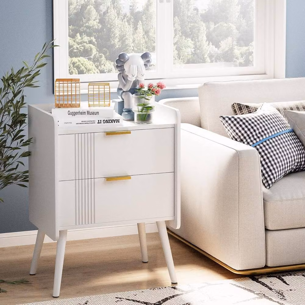 Huhote Bedside Table Cabinet with 2 Drawers and Wooden Legs in White – 2