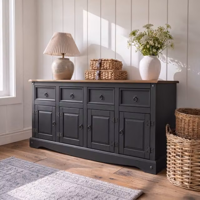 Mercers Furniture Corona 4 Door Rustic Pine Sideboard in Charcoal Grey and Black