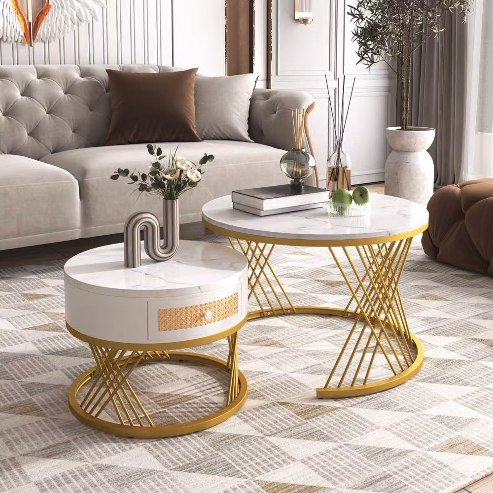 ModernLuxe 2-in-1 Round Coffee Table with Marble Top and Rattan Drawers in White and Gold – 2