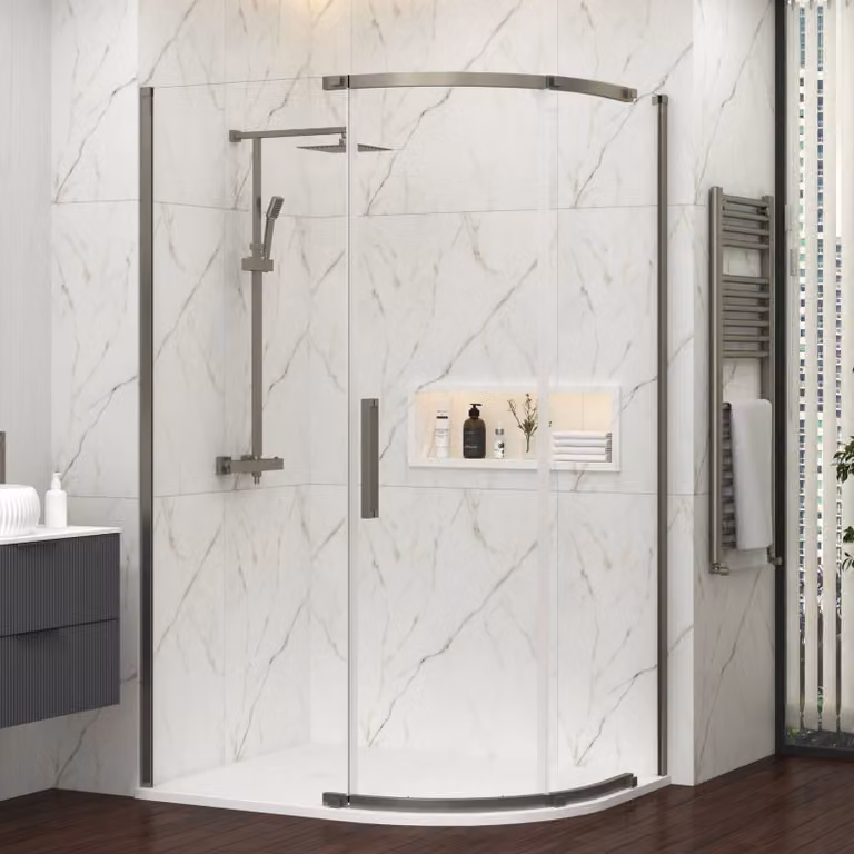 Royal Bathrooms Chelsea Single Door Offset Quadrant Shower Enclosure with White Mineral Cast Stone Tray, Gun Metal Grey, W: 120 cm, D: 80 cm, H: 195 cm