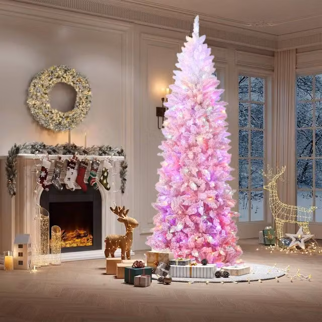 London Boutique 7.5ft Pre-Lit Pink Pencil Artificial Christmas Tree with LED Lights – 1