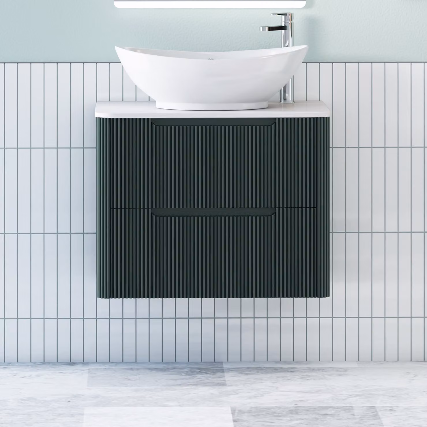 Royal Bathrooms Avenza Wall Hung Vanity Unit with 2 Drawers and Plain White Worktop in Deep Moss Green