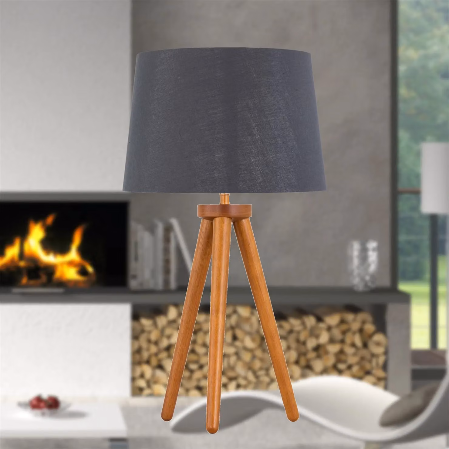 First Choice Lighting Set of 2 Dark Oak Table Lamps with Grey and Silver Fabric Shades, H: 51.0 cm, W: 28.5 cm, D: 28.5 cm – 4