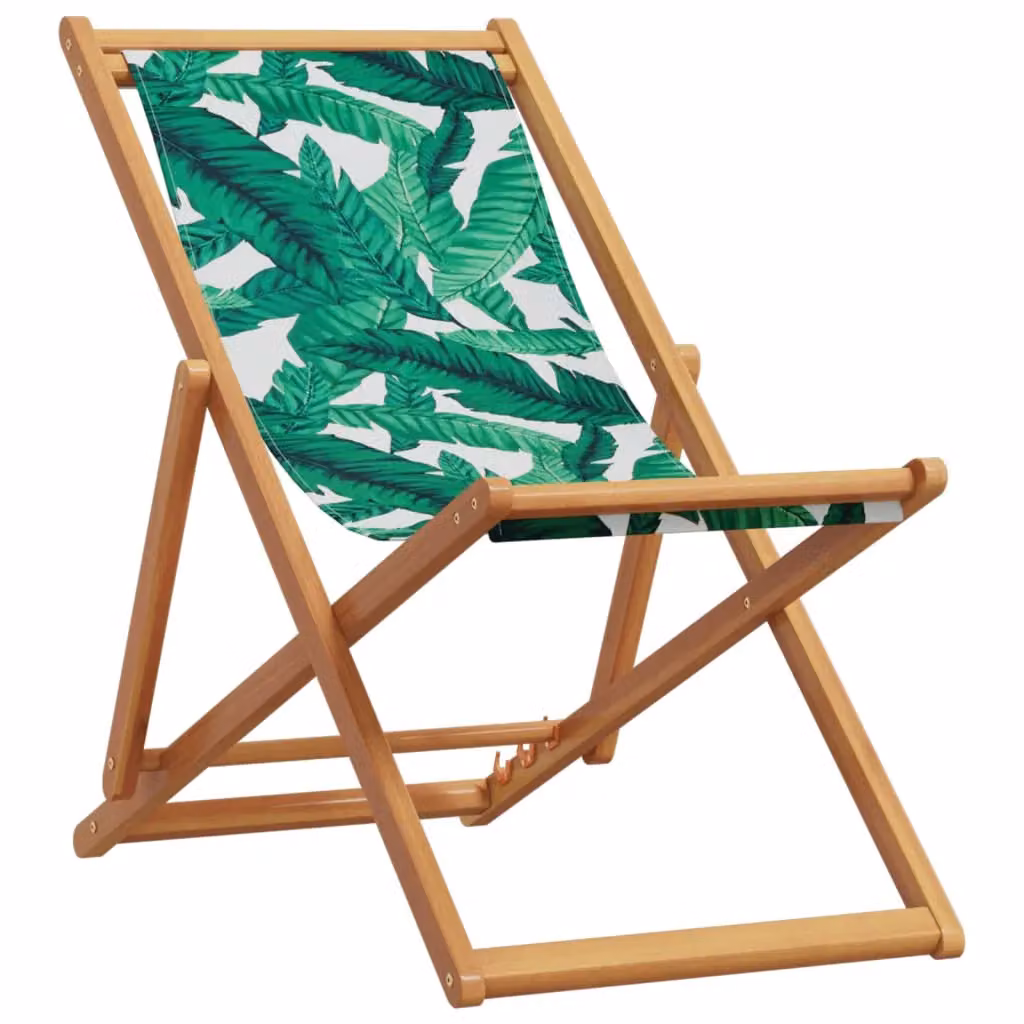 Berkfield Home Folding Beach Chair with Leaf Pattern in Green and Brown Eucalyptus Wood and Fabric – 2
