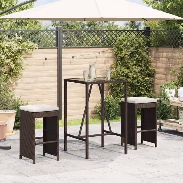 Berkfield Home Set of 2 Brown Poly Rattan Garden Bar Stools with Fabric Cushions