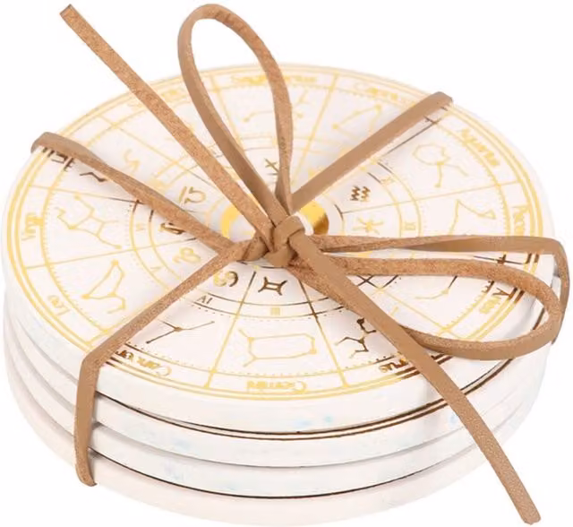 KDMK Astrology Wheel Zodiac Sign Coaster Set, Round Geometric Wood Decor in Multicolour, Gold and White