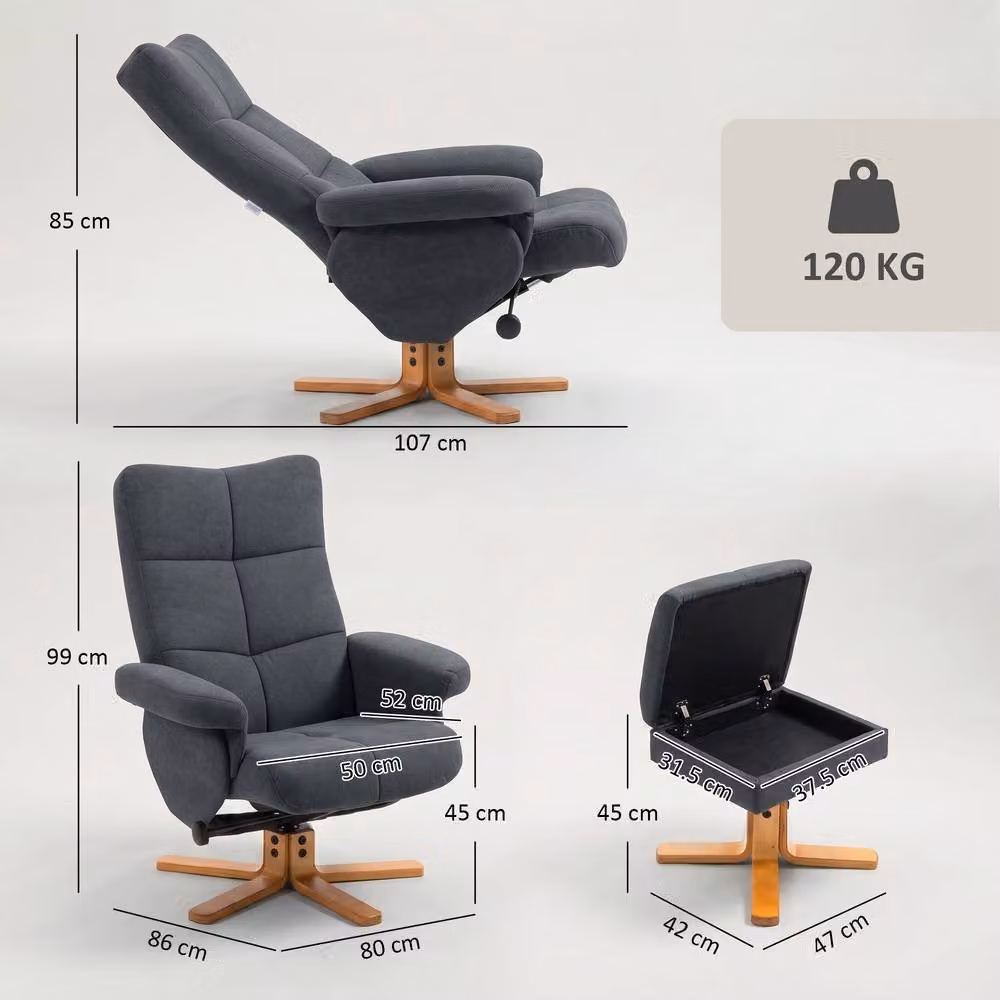 HOMCOM Grey Linen Recliner Chair and Ottoman with Solid Wood Frame – 3