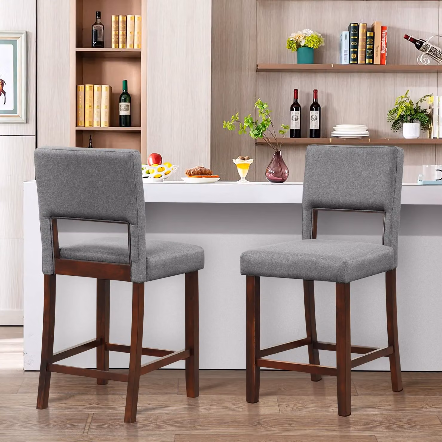 Costway Set of 2 Grey Linen Upholstered Counter Height Bar Stools with Rubberwood Legs – 3