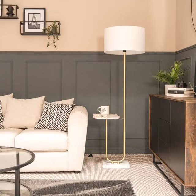 ValueLights Tavel Modern Floor Lamp with Integrated Table and White Fabric Drum Shade in White and Gold/Brass
