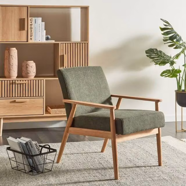 Wyld and Coco Mid-Century Green Polyester Armchair with Solid Rubberwood Frame