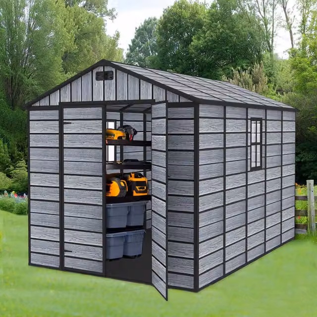 BIRCHTREE Grey Plastic Garden Shed with Wood Grain Effect and Window, W/D/H: 325 x 230 x 226.5 cm
