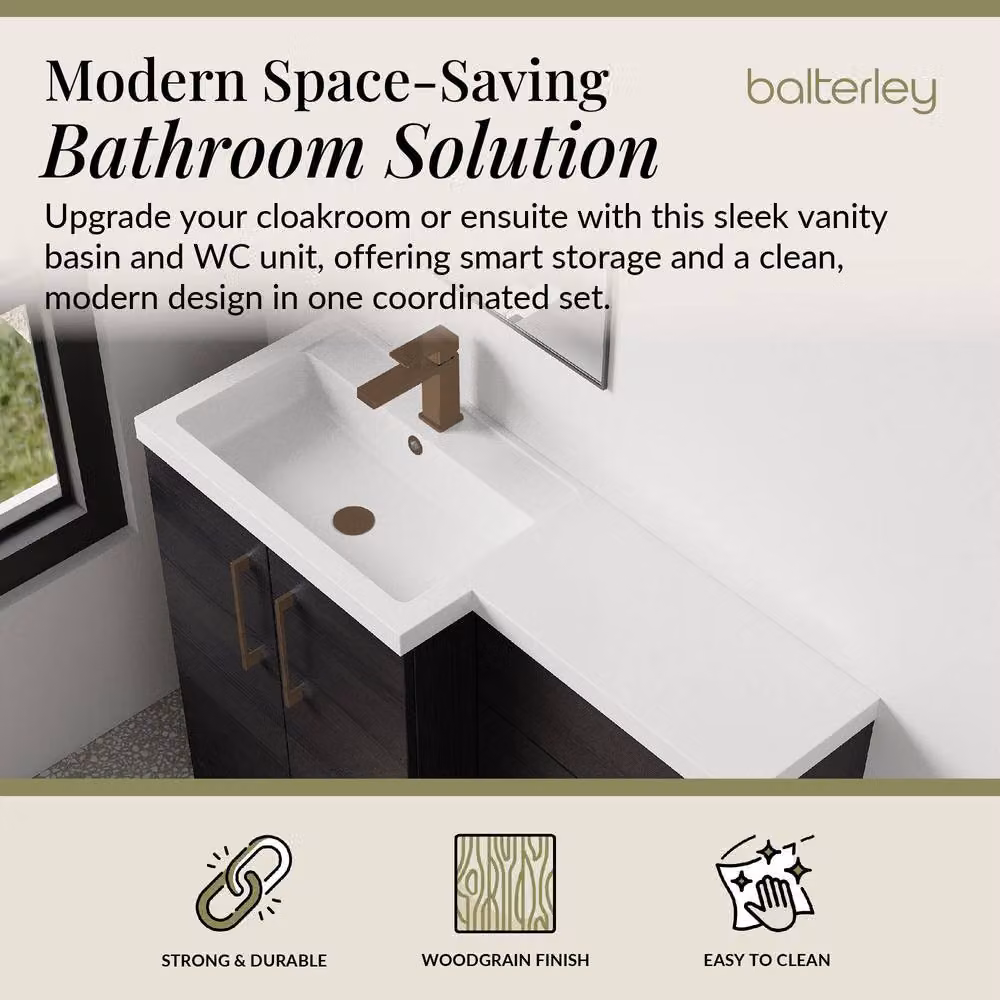 Balterley Modern Matt Black Woodgrain Left-Hand Vanity and WC Unit Combination, W: 110 cm, H: 84 cm – 2