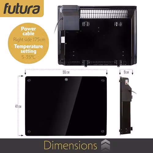 Futura 1000W Black Glass Electric Convector Panel Heater, Wall Mounted or Freestanding with Timer and Thermostat – 5