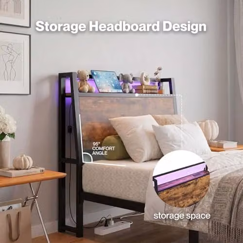 Levede 3ft Single Bed Frame in Black with LED Lights, Charging Station and Storage Headboard, W/D/H: 90 x 190 cm – 4
