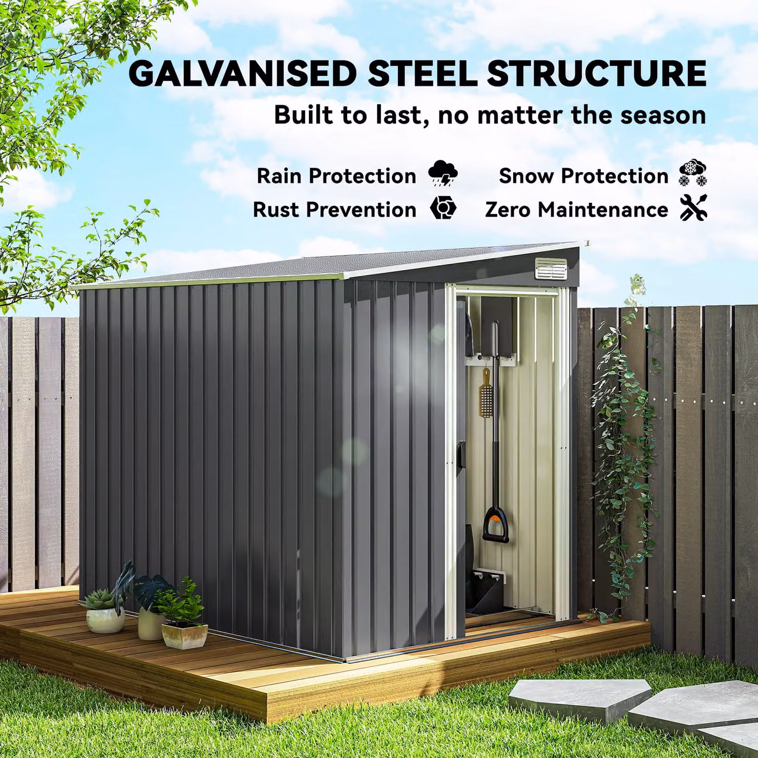 OUTSUNNY Dark Grey Metal Lean-to Garden Tool Shed with Foundation, W/D/H: 213.36 x 152.4 x 181 cm – 4
