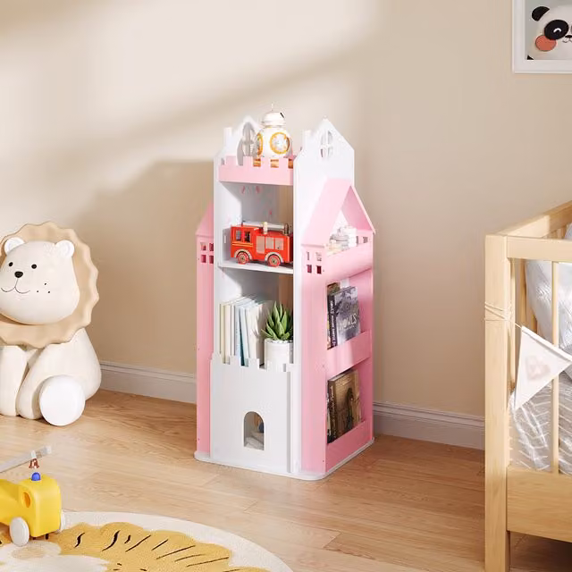 Livingandhome 4-Tier Castle Rotating Kids Bookshelf in Pink