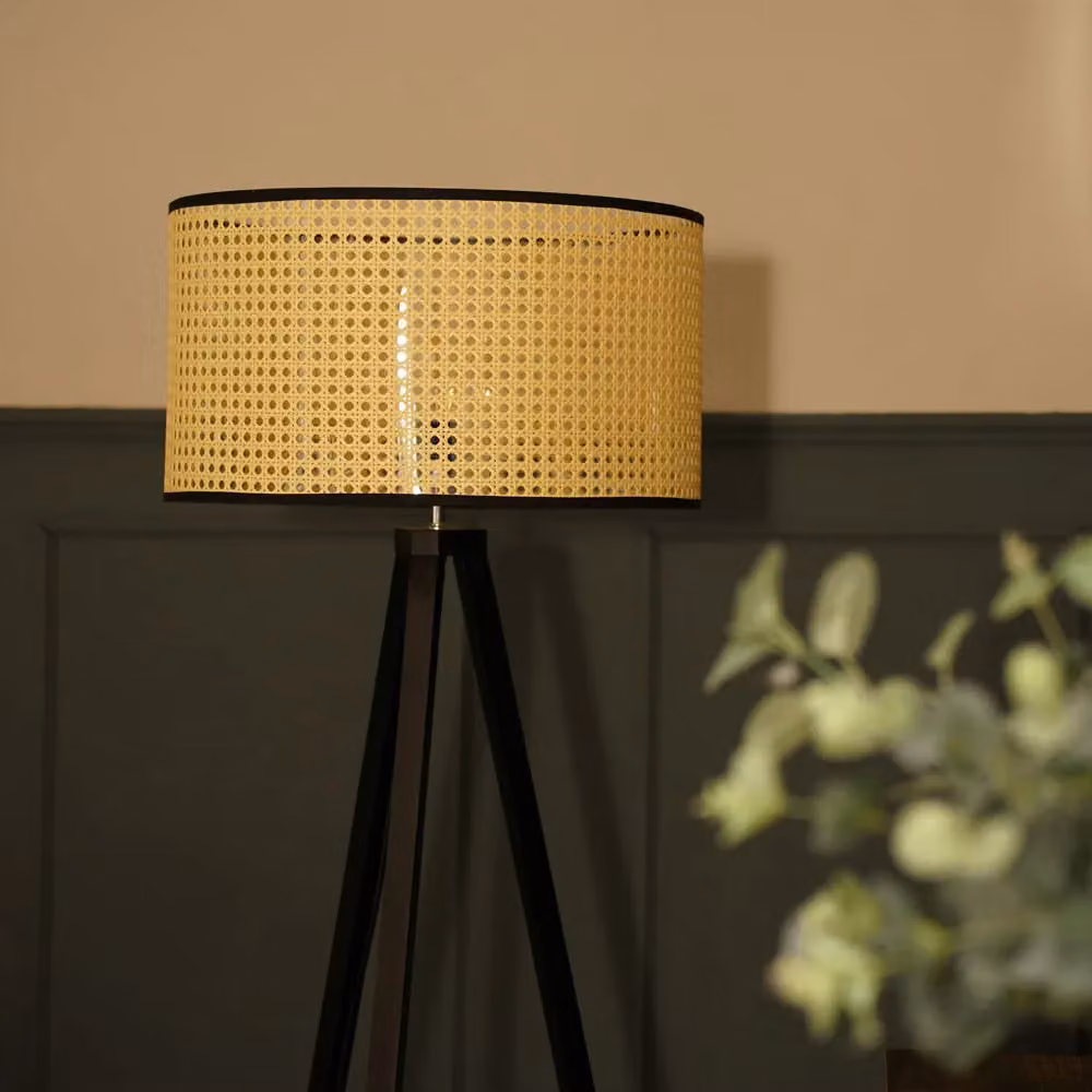 ValueLights Barbro Black Wood Tripod Floor Lamp with Beige Fabric Cylinder Shade, H 130 cm – 3