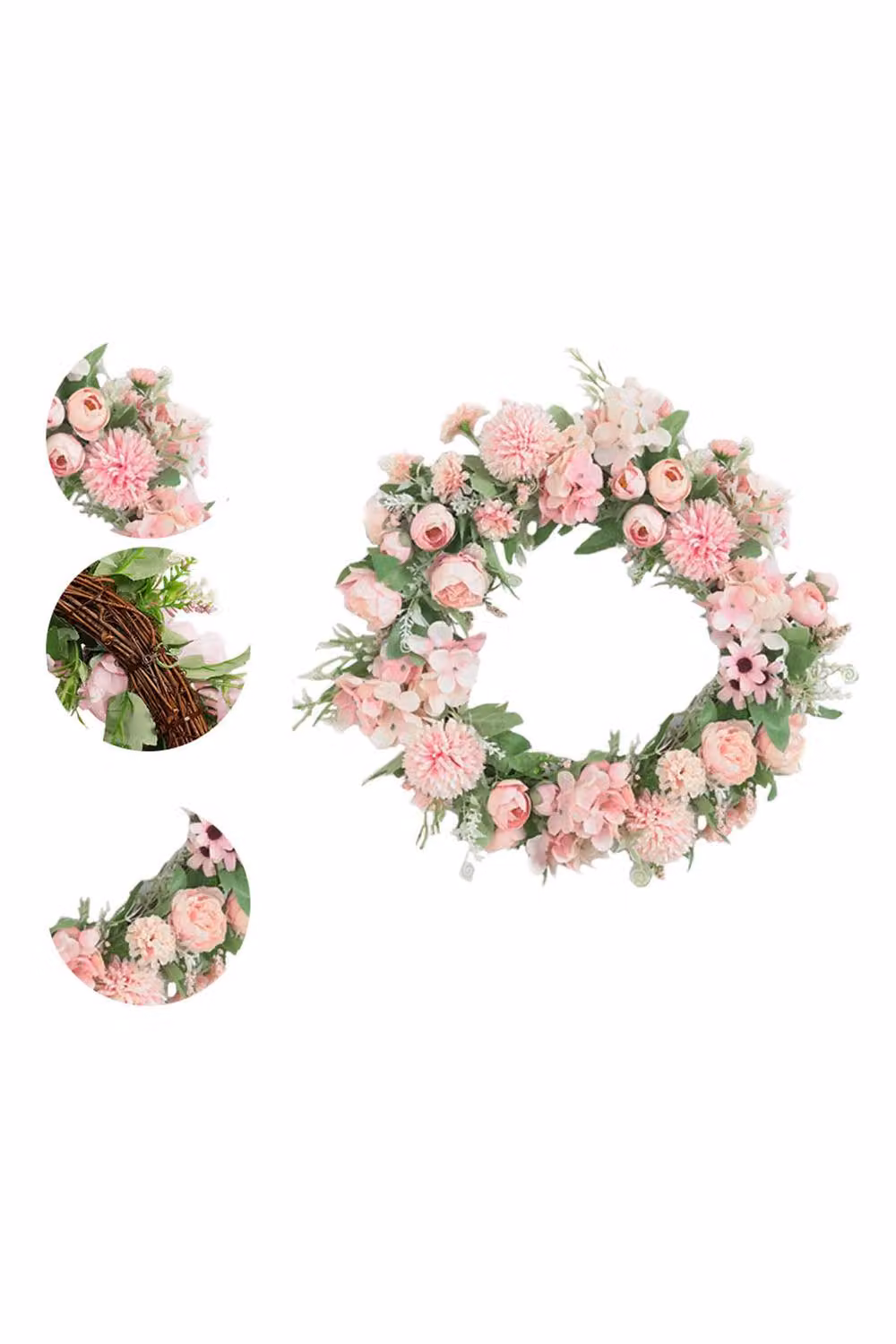 Living and Home Pink Artificial Peony Wreath with Mixed Spring Flowers for Wedding Decor – 2