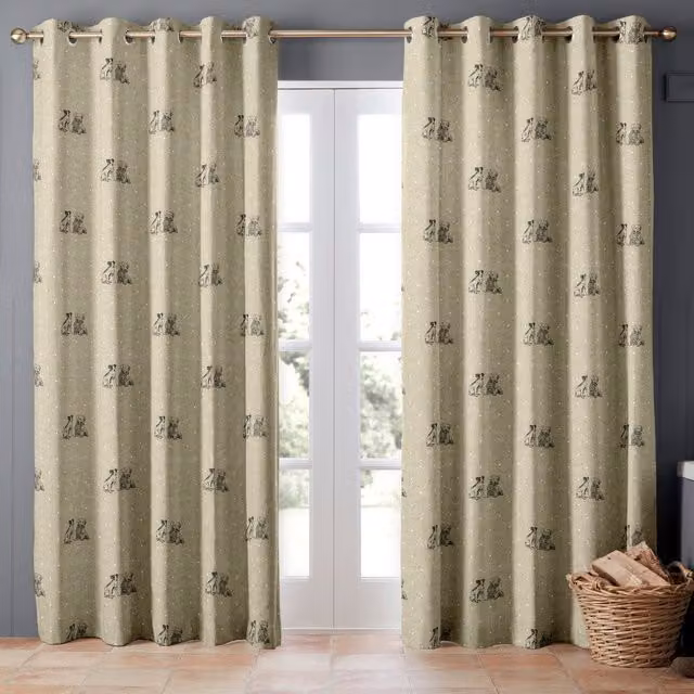 Emily Bond Millie Made to Measure Blackout Fabric Panel Curtains in Beige with Animal Graphic and Eyelets