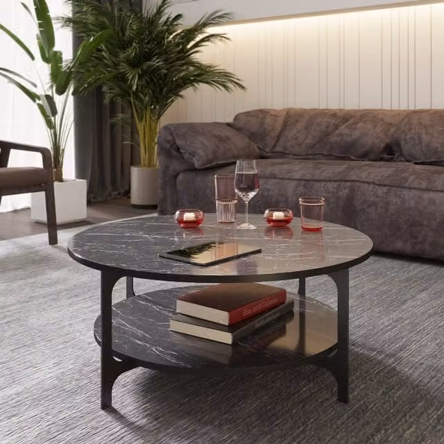 Decorotika Versy Round Coffee Table in Black and Yellow with Marble Effect