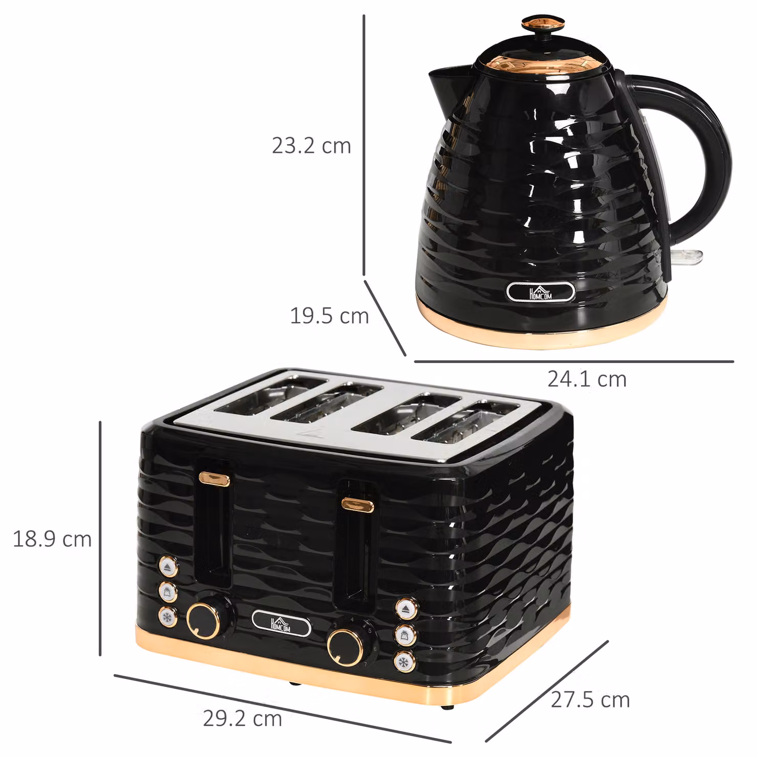 HOMCOM Black Kettle and 4-Slice Toaster Set with 3000W Rapid Boil and Auto Shut-Off Function – 3