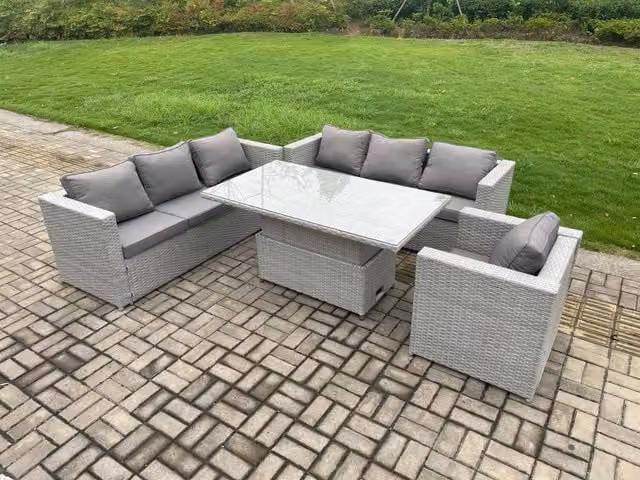 Fimous Light Grey PE Rattan Garden Furniture Set with Height Adjustable Lifting Table and Armchair