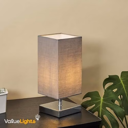 ValueLights Yuko Pair of Modern Square Polished Chrome Touch Table Lamps with Grey Fabric Shades, Dimmable – 2