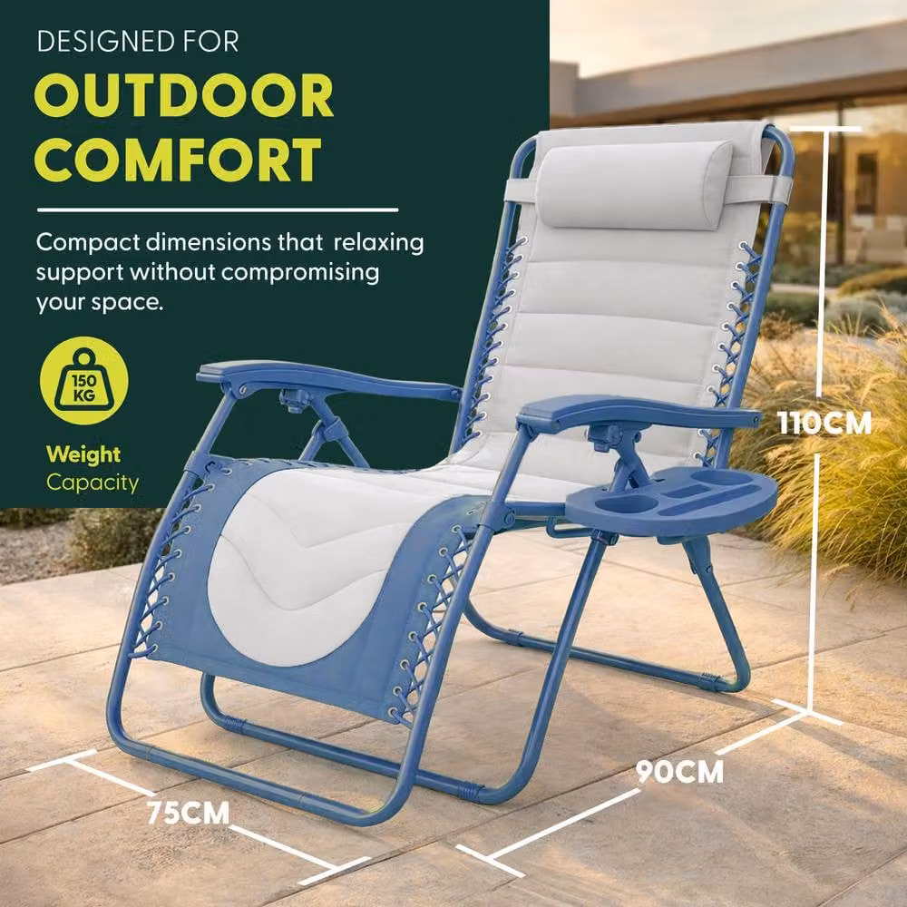 Keplin Set of 2 XXL Premium Heavy Duty Padded Zero Gravity Chairs in Blue with Adjustable Headrests and Cup Holders – 2