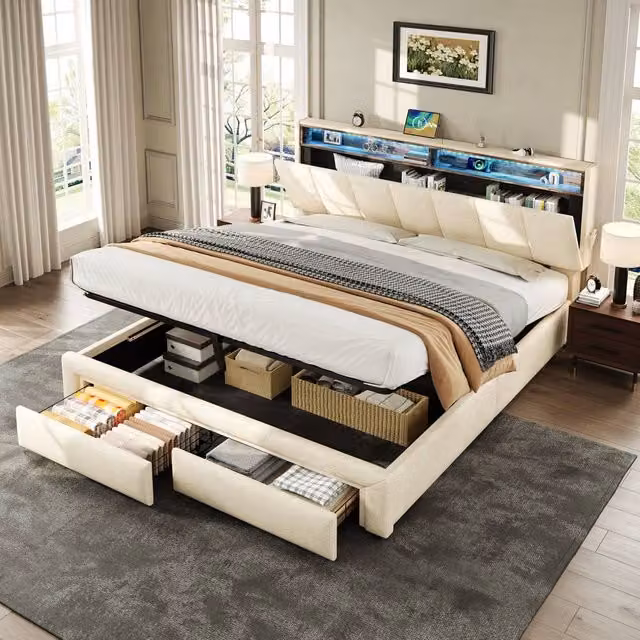 BTM Upholstered Storage Bed in Beige with Hydraulic Lift-Up Base, LED Headboard, Reading Light and USB Charging Port, 160 x 200 cm