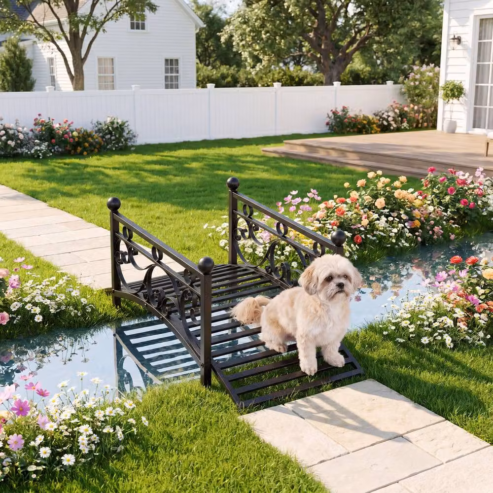 Gymax Arched Garden Bridge with Dual Patterned Metal Side Rails in Black, 101.5 cm – 8