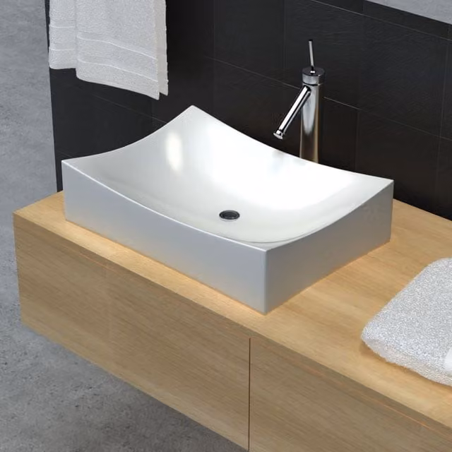 Berkfield Home White High Gloss Rectangular Ceramic Porcelain Countertop Bathroom Sink W/D/H: 65.5 x 39.0 x 14.0 cm