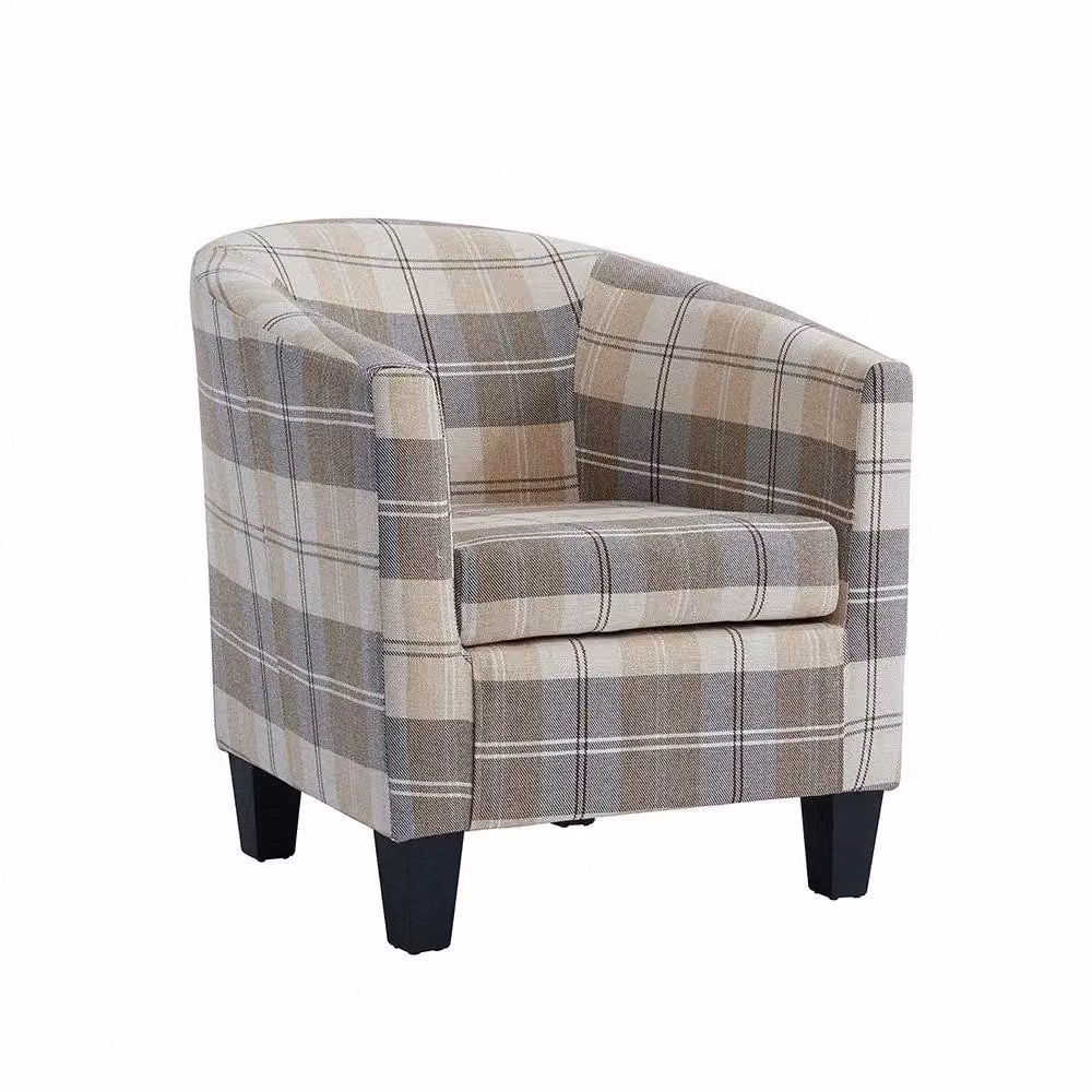 Home Detail Canberra Beige Checked Fabric Tub Accent Chair with Solid Wood Frame and Armrests – 2