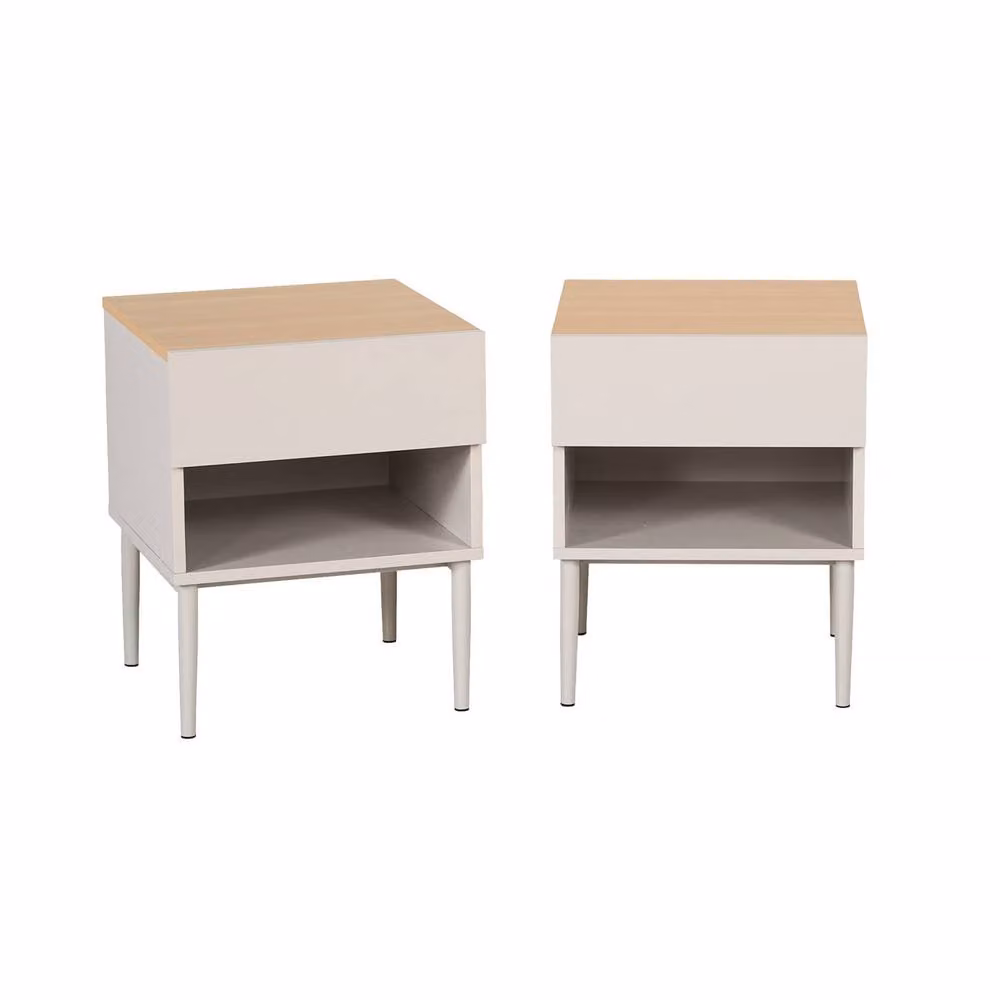 sweeek Set of 2 Modern Bedside Tables in Beige with Metal and Wood Decor, featuring 1 Door and 1 Niche, W/D/H: 40 x 40 x 40 cm – 2