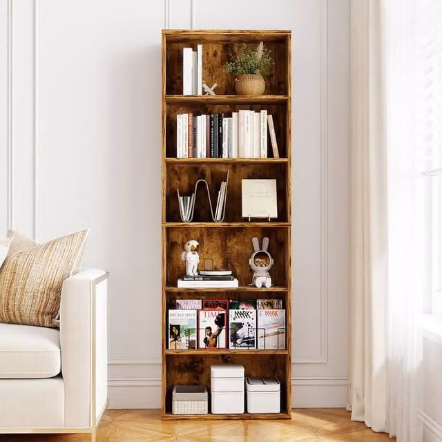 Levede 6-Tier Wooden Bookcase with Adjustable Shelves, Brown, H 178.5 cm x W 24 cm x D 24 cm – 1