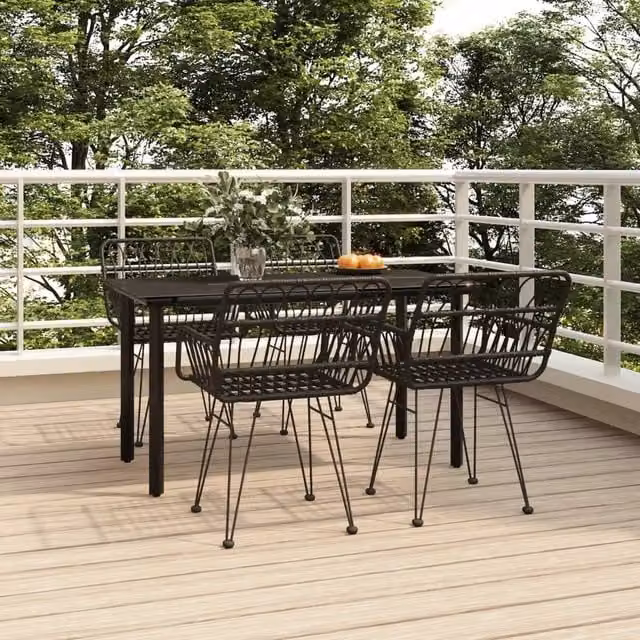 Berkfield Home 5 Piece Black Poly Rattan Garden Dining Set with Glass Top Table